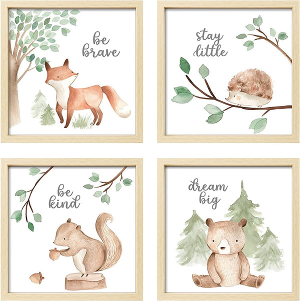 Framed Woodland Nursery Wall Decor, 10X10 Inch Cute Baby Safari Wall Art, Green Kids Art Frame with Forest Animals Prints for Playroom Classroom Bathroom Baby Shower Decoration(4 Pack)