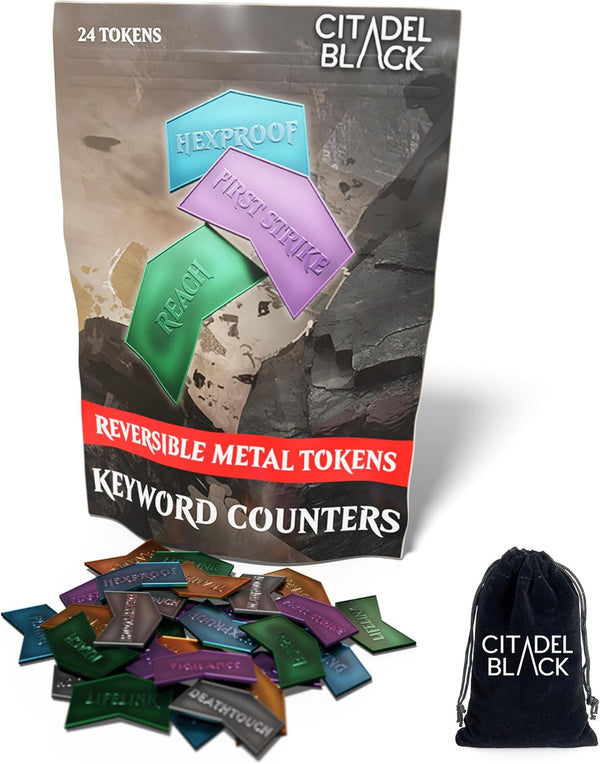 MTG Metal Keyword Counters - Set of 24 Reversible Tokens - Includes Drawstring Pouch, Antique Metal Finish, Designed for MTG TCG Magic: the Gathering Accessory