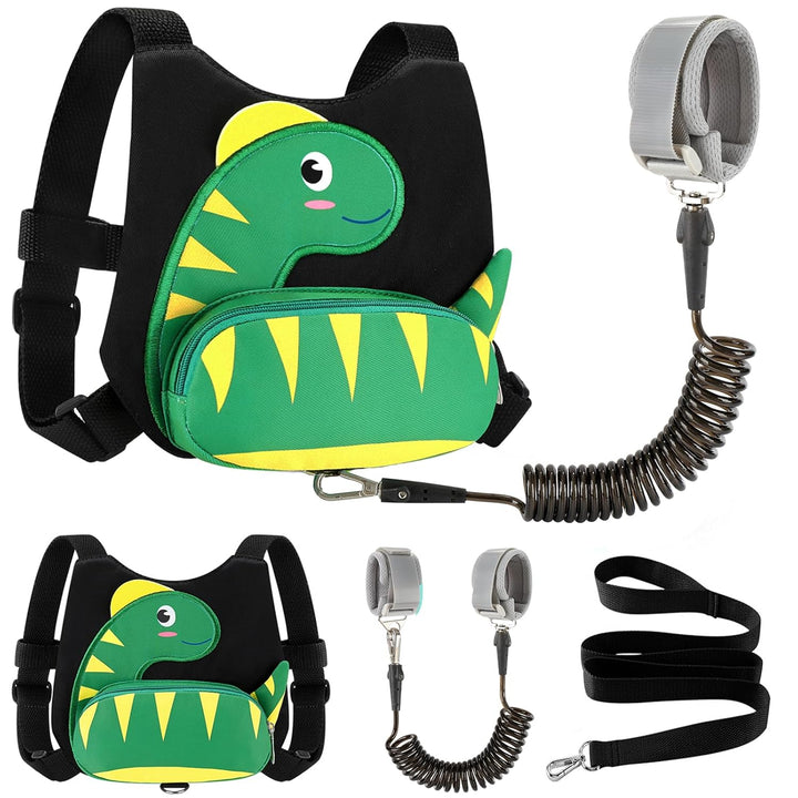 Toddler Harness with Leash, Cute Dinosaur Kids Harness + anti Lost Wrist Link, Mini Child Harness Leash Wristband Strap Belt Protector for Baby Boys Girls to Outdoor Travel (Blue)