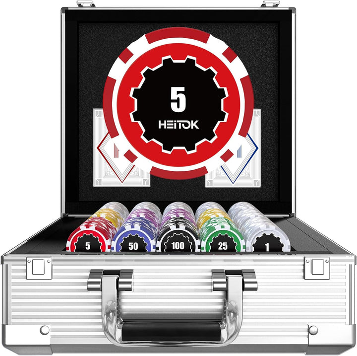 Poker Chips with Denominations, 300-Pcs 11.5G Weighted Numbered Casino Chips Set, 5 Dice, 2 Decks with Compact Aluminum Case for Texas Hold'Em, Blackjack, Age 8 and Plus