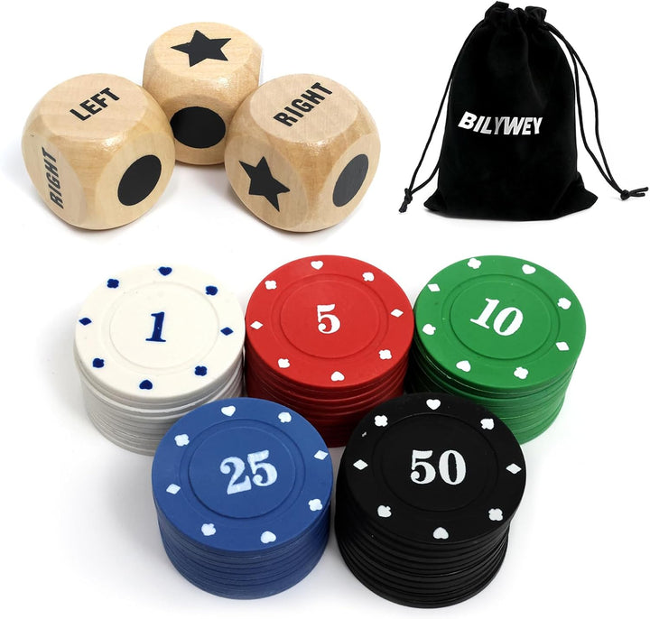 Left Right Center Dice Game Set with 3 Dices + 36 Blue Chips (Blue)