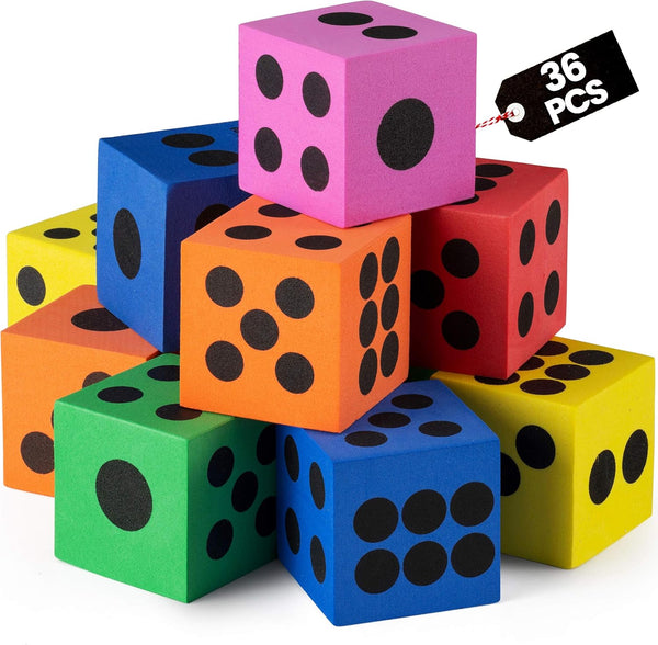 Foam Dice Set - Bulk Pack of 36, 1.5 Inch Large Assorted Colorful Foam Dice Cubes with Number Dots, Use for Kids, Classrooms, Math Games, Building Toys, Party Supplies by