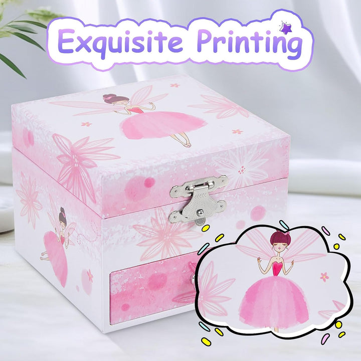 Girls Musical Jewelry Box with Drawer and Spinning Ballerina,Fairy Disign Kids Music Box for Little Girls Gifts Jewel Storage for Kids Ages 3-10