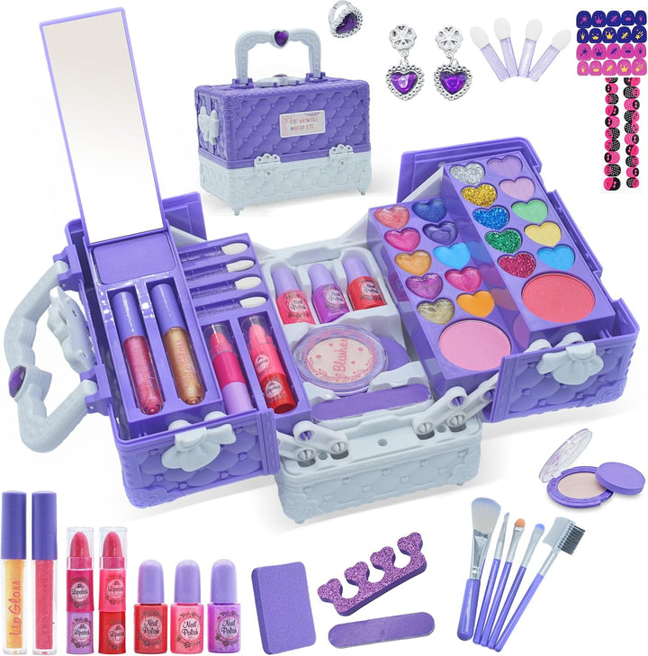 Kids Makeup Kit for Girl - 52 PCS Safe and Washable Makeup for Kids, Real Girls Makeup Kit, Toddler Makeup Kit with Cosmetic Case, Girls Toys Age 4-12, Princess Toys Birthday Gifts for Girls