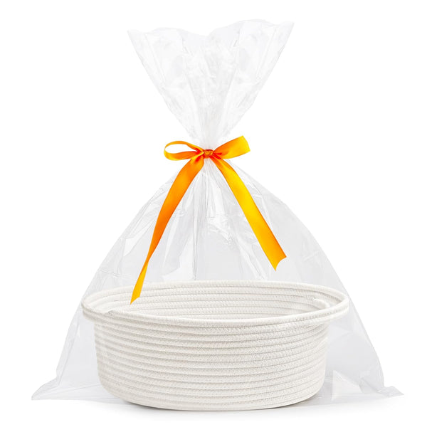 Small Woven Basket with Gift Bags and Ribbons Durable Baskets for Gifts Empty Small Rope Basket for Storage 12"X 8" X 5" Baby Toy Baskets with Handles, White