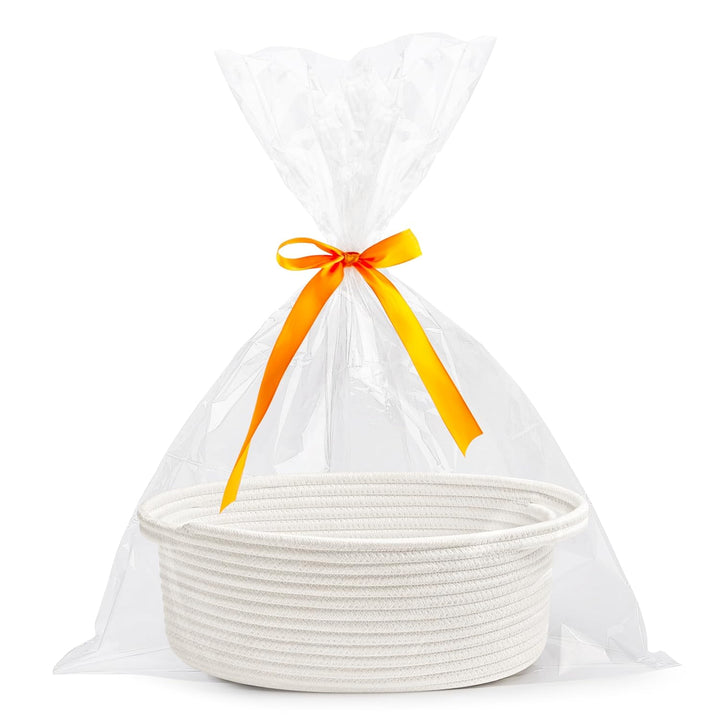 Small Woven Basket with Gift Bags and Ribbons Durable Baskets for Gifts Empty Small Rope Basket for Storage 12"X 8" X 5" Baby Toy Baskets with Handles, White