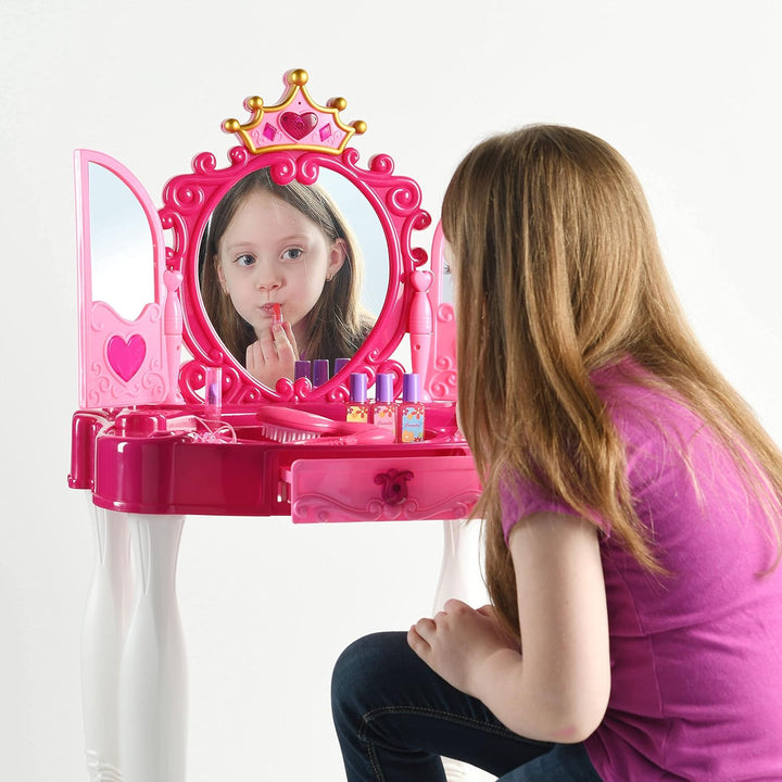 Pretend Play Girls Vanity Set with Mirror and Stool 21 PCS - Kids Makeup Vanity Table Set with Lights and Sounds - Includes Fashion Hair & Makeup Accessories