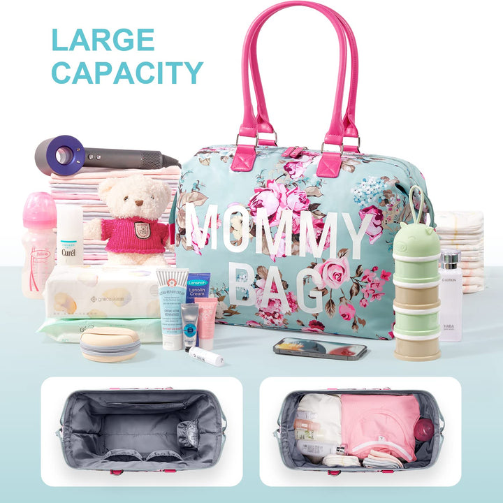 Mommy Bag for Hospital, Hospital Tote for Labor and Delivery, Large Capacity Waterproof Mommy Organizer, Multifunction Overnight Tote for Women, Mom Bag with Straps (Blue Floral)