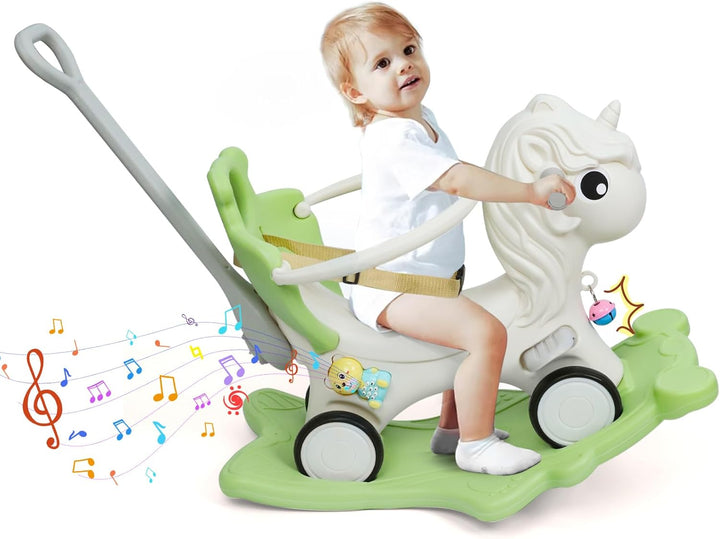 4 in 1 Rocking Horse Ages 1-3, Baby Rocking Toy Birthday Gift for Toddlers 1-3 Years Old, Balance Bike Ride on Toys with Push Handle, Backrest and Balance Board for Baby Girl and Boy, Green