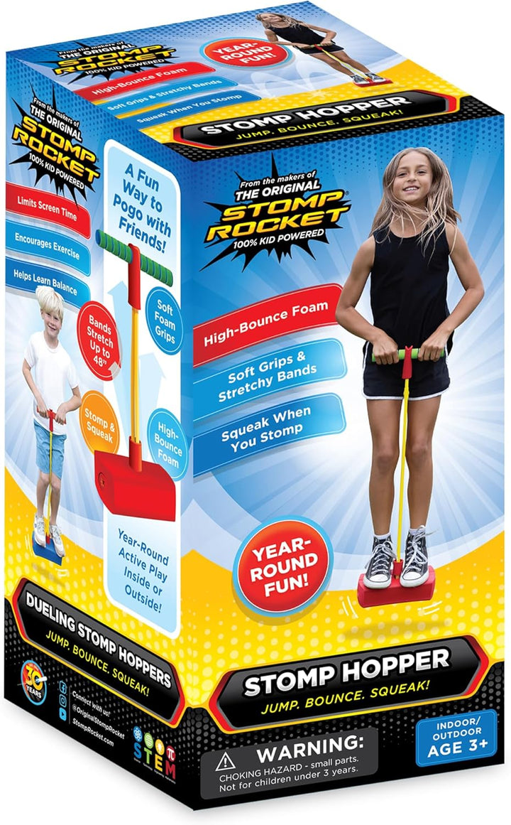 Dueling Stomp Hopper - Jump, Bounce & Squeak Foam POGO Jumper for Kids - Toddler Pogo Stick with Soft Grips & Stretchy Bands - STEM Indoor & Outdoor Toys for 3-5 Year Olds