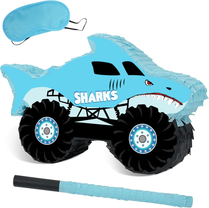Shark Truck Pinata - Monster Truck Pinata with Blindfold and Bat for Kids Shark Monster Truck Theme Birthday Party Game Decorations (16.7”X10.2”X3”)