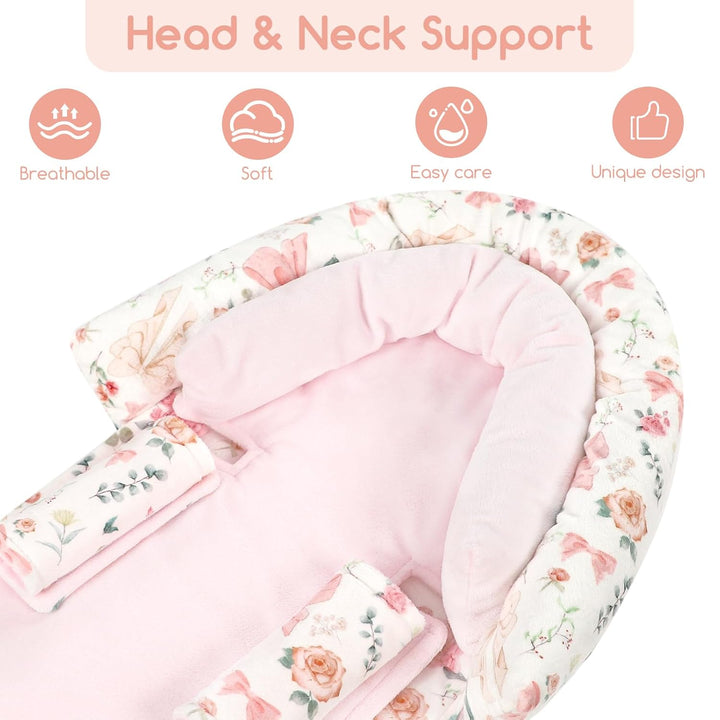 Baby Car Seat Head Support for Newborn,  2 in 1 Infant Car Seat Head Body Support with Strap Pads, Soft Stroller Cushion Pillow Insert for Girls, Fits for Stroller, Swing, Pink Floral