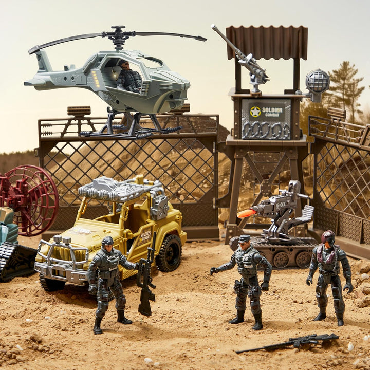 Military Toy Set with Army Base, Vehicles, Action Figures & Weapon Accessories, Helicopter with Light & Sound - Christmas Birthday Gift for Kids Boys Girls