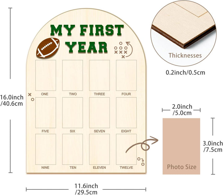 My First Year Photo Board - Baby'S First Year Photo Frame 12 Months Milestone Board Football Photo Display Wood Board 1St Birthday Picture Frame Decorations (Fits 2" X 3" Photo) ﻿
