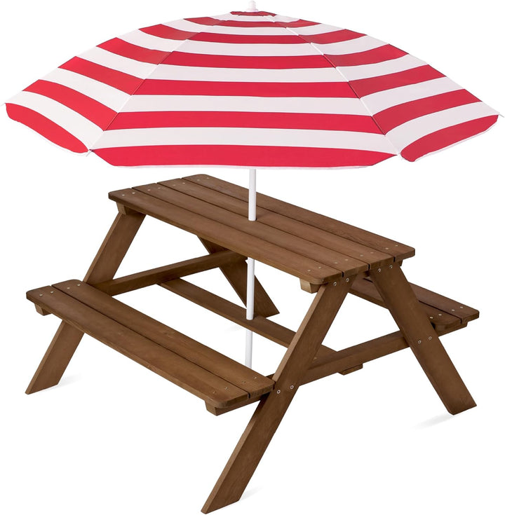Kids Wooden Picnic Table, Outdoor Activity & Dining Table W/Adjustable Collapsible Umbrella, Built-In Seats - Golden Brown/Navy