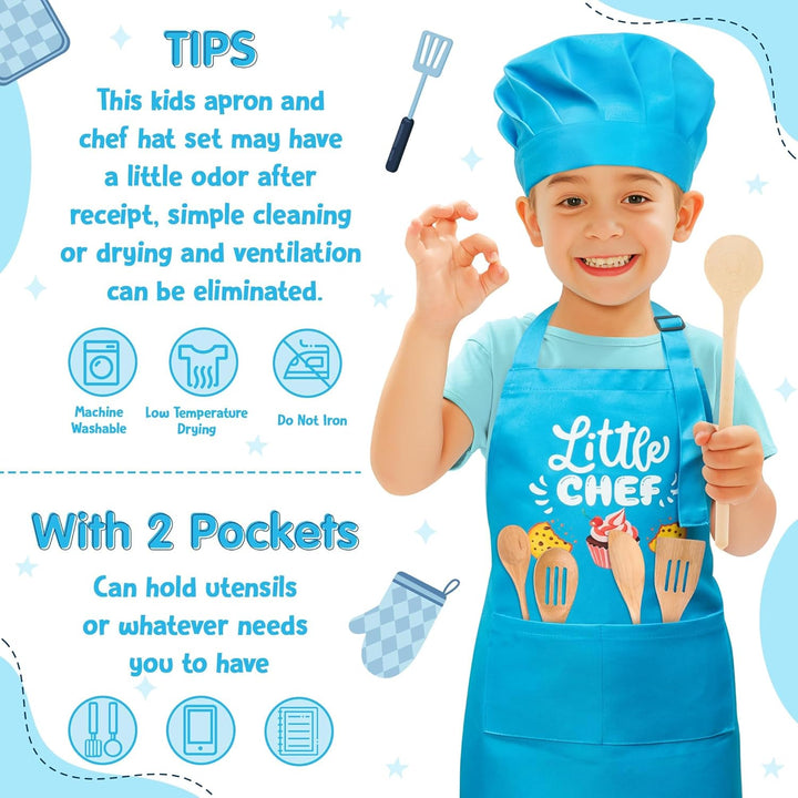 2 Pcs Kid Apron and Chef Hat Set, Adjustable Children Blue Kitchen Apron Cooking Baking Painting and Training Kits Dress up Role Play Chef Toy Kid Funny Cooking Gift New Year