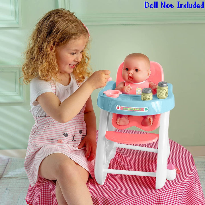 - Doll High Chair | Fits Dolls up to 17" | Easy to Clean | Simple Assembly | 7 Piece Play Set| Ages 2+, Pink/Blue