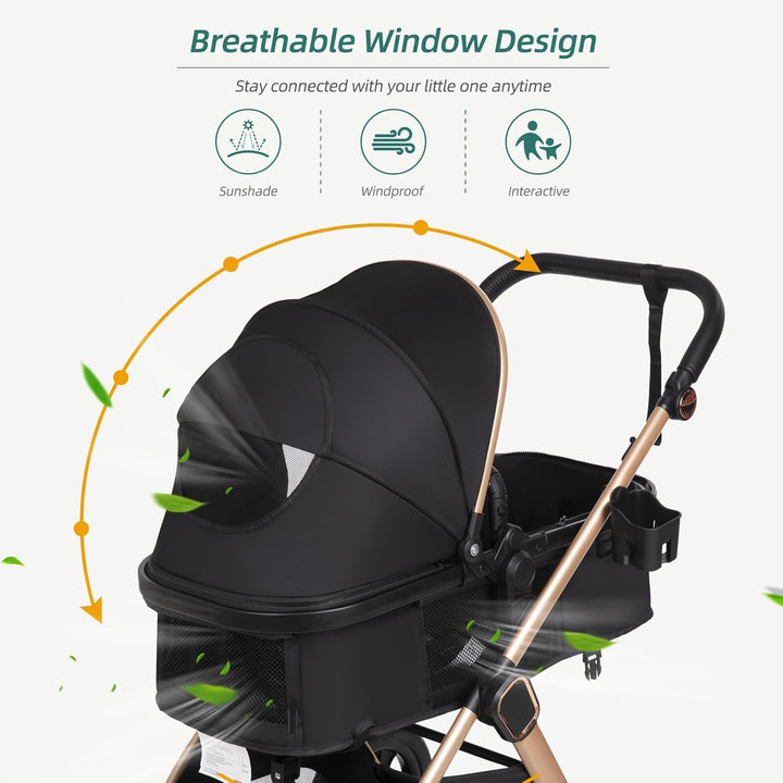 6-In-1 Convertible Baby Stroller with Bassinet Pushchair - Folding Infant Newborn Stroller W/Footmuff, Rain Cover, Cup Holder & Large Storage, Toddler W/All-Scene Large Wheels, Reversible Seat(Black)