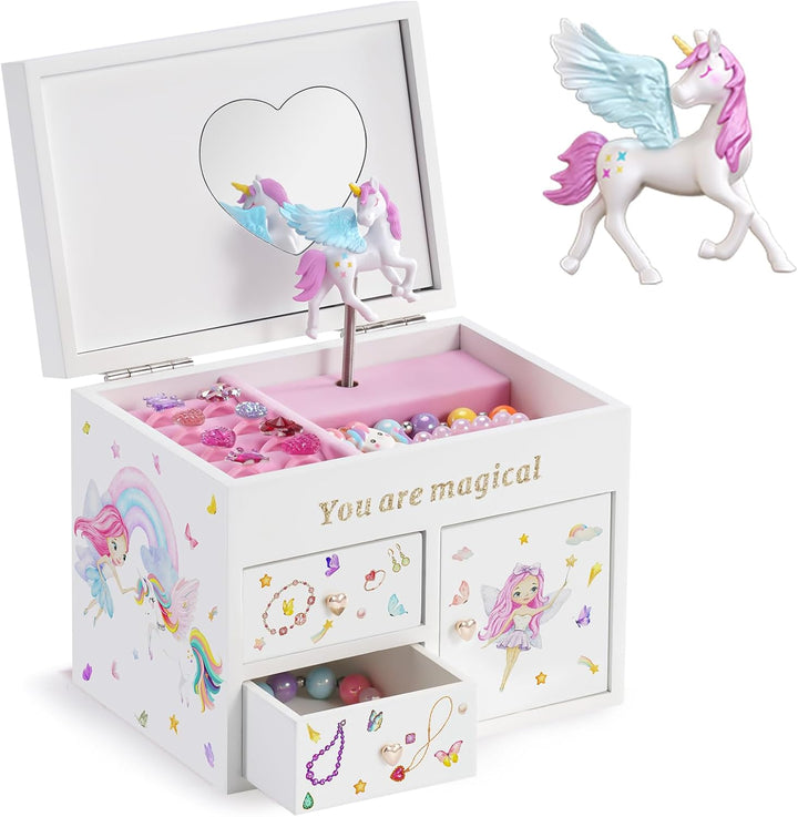 Wooden Jewelry Box with Unicorn for Girls, Musical Children'S Jewelry Organizer, Gift for Toddler Age 2 3 4 5 6 7 8 9 on Birthday -Pink