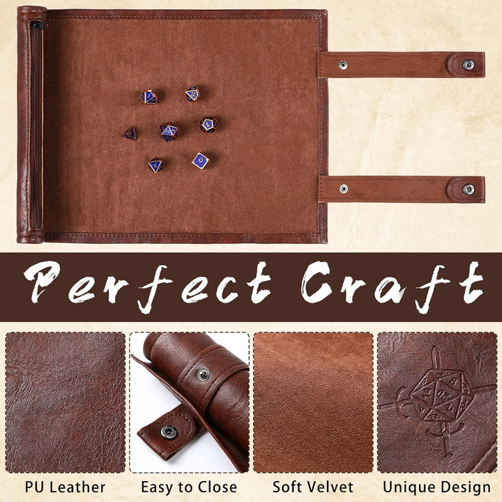 Dice Mat Tray Rolling Mat with Zipper PU Leather Folding Scroll Dice Bag Holder Table Christmas Game Accessories(Brown, Black,2 Pieces)