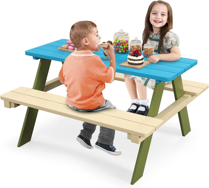 Kids Picnic Table, Acacia Wood Kids Outdoor Table with Benches, Toddler Patio Furniture Set for Backyard, Garden, Lawn, Gift for Boys Girls 3+ (Green)
