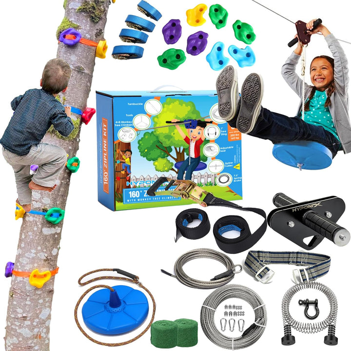 Zip Line Kit for Kids and Adults, 100/120/150/200Ft, up to 350 Lbs, Removable Trolley, Rustproof Stainless Steel, Quick Setup with Ratchet, Safety Harness, Backyard Adventure Fun W/Climbing Holds