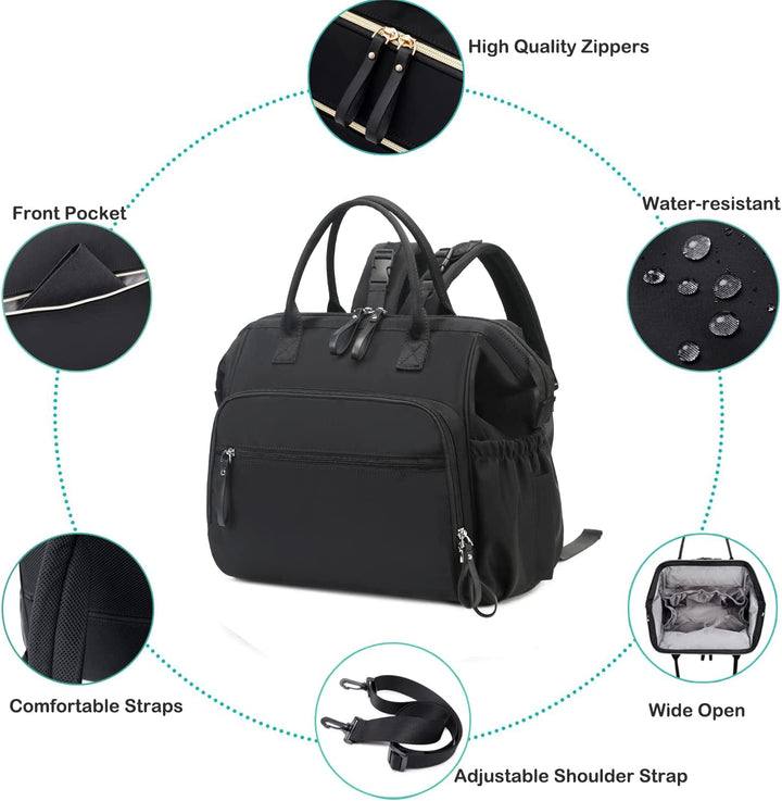 Convertible Diaper Bag Tote, Wide Open Top 14 Pockets Nappy Backpack with Stroller Buckle, Water-Resistant (Black)