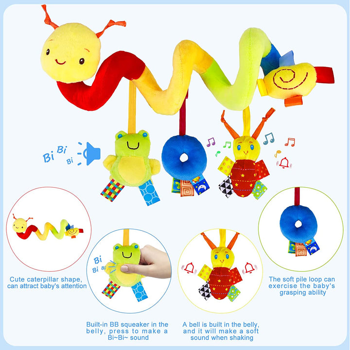 Spiral Car Seat & Stroller Activity Toy - Baby Sensory Toys Soft Hanging Toys for Babies 0-12 Months Boys Girls Carseat Crib Stroller, with Ringing Bell, Music