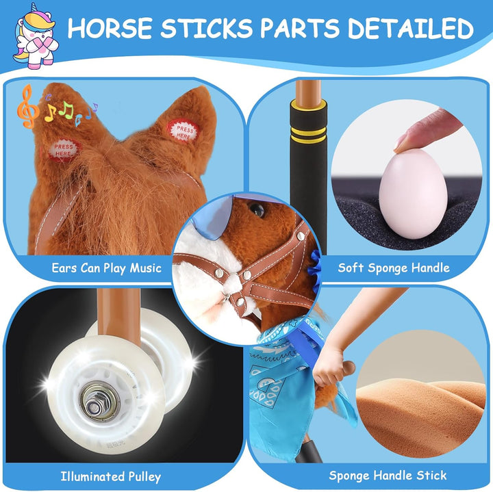 Hobby Horse on a Stick,30 to 50In Stick Horse Plush Handcrafted with Illuminated Wheel Music Pony Riding Plush Horsetoy Sturdy Stick Stainless Steels Soft Sponge Handle (Brown)