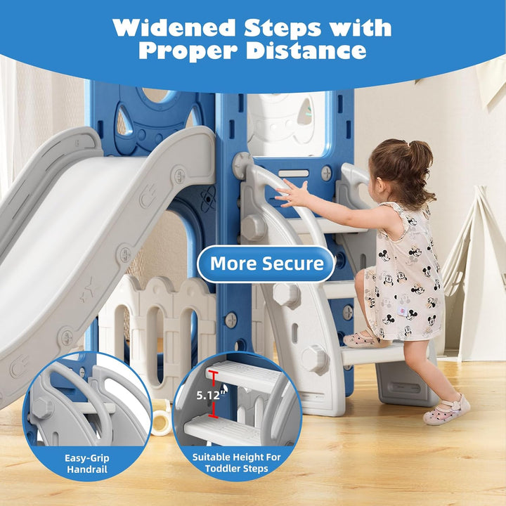 Toddler Slide 7 in 1 Outdoor Playset Kids Slides Indoor Playground for Backyard Baby Climber with Telescope Basketball Hoop and Ball Storage Space for Age 1+ Years (Blue)