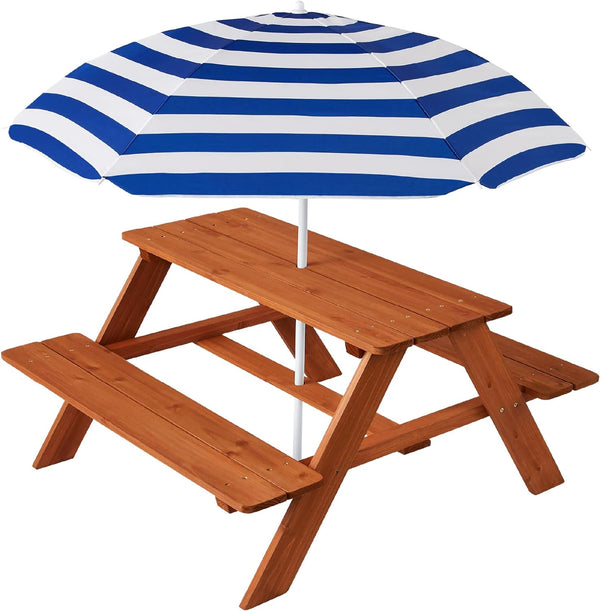 Kids Wooden Picnic Table, Outdoor Activity & Dining Table W/Adjustable Collapsible Umbrella, Built-In Seats - Golden Brown/Navy