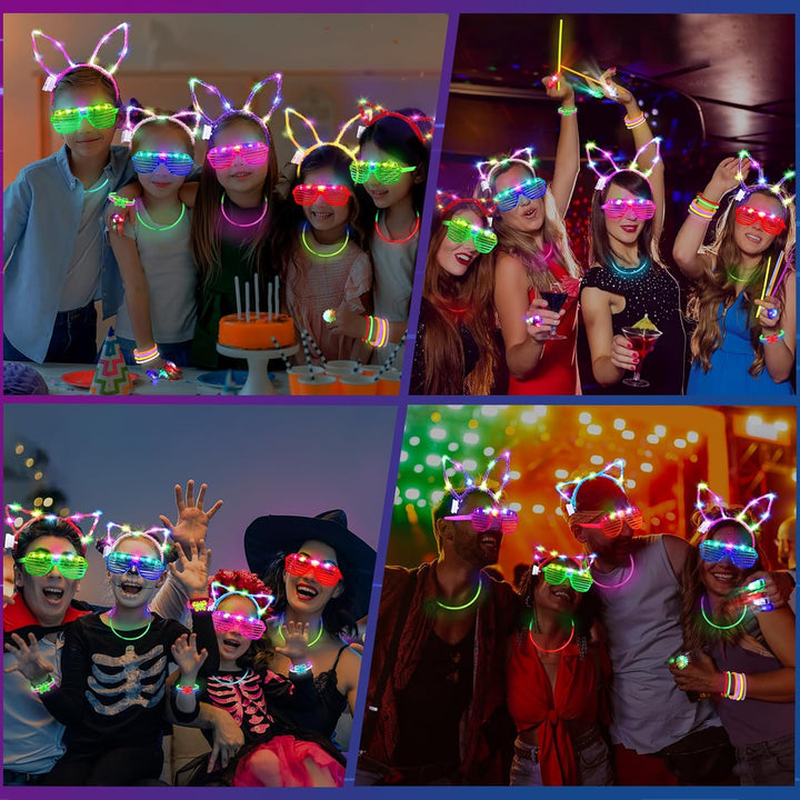150PCS Glow in the Dark Party Supplies for Kids Adults, Light up Party Favors with Light up Glasses, Headband, Rings, 100 Glow Sticks Bulk Party Pack DIY Glow Necklaces Bracelets, Neon Party Supplies