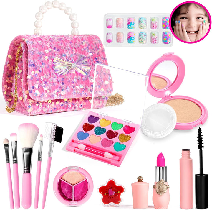 Kids Real Makeup Kit for Girls with Fluffy Purse - Real, Non Toxic, Washable Make up Toy - Umicorn Toys Gift for 3 4 5 6 7 8 Years Old Girls Birthday (Pink Umicorn)