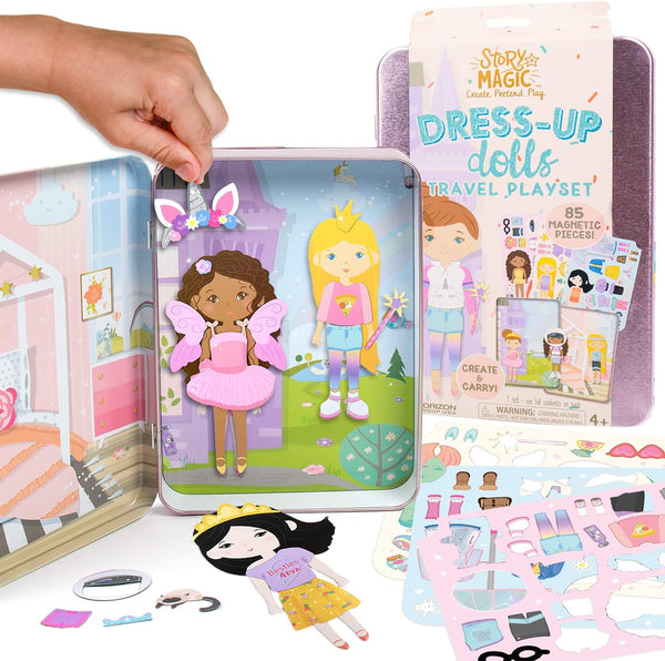 Story Magic Dress-Up Dolls Playset, Pretend Play Magnetic Case, Magnet Outfit and Accessory Pieces, Great for Travel or Playdates, Magnetic on the Go Activity Set for Ages 4, 5, 6, 7 , Pink