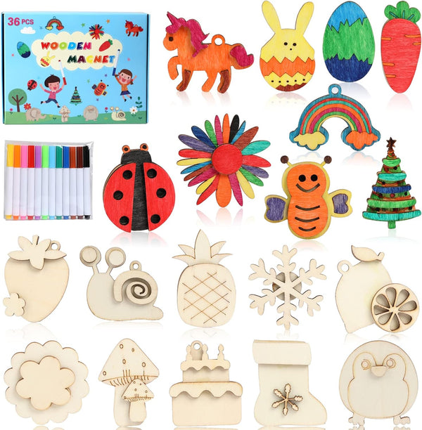 DIY Wooden Magnets, 36 Pcs Wooden Art Craft Supplies Painting Kit for Kids Party Favors for Boys Girls Ages 4-8 8-12 Birthday Easter Crafts Gifts Toys Basket Goodie Bag Stuffers