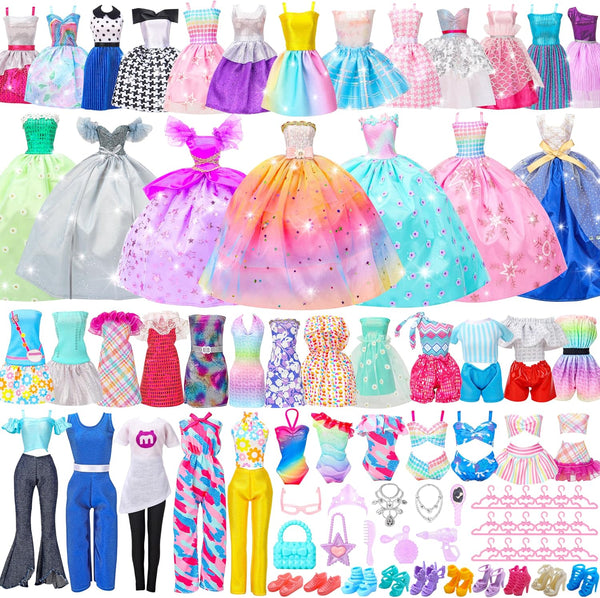 52 Pcs Doll Clothes and Accessories,2 Wedding Gowns 6 Fashion Dresses 2 Set Casual Outfits Top and Pant 2 Swimsuit,20 Hanger 10 Shoe 10 Accessories Toys for Girls Kids Birthday Gift