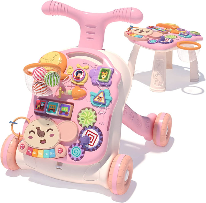 3 in 1 Baby Walker and Activity Center for Girl, Learning to Walk, Sit to Stand, Early Educational Push Toys with Music Panel for Infant Toddler 12+ Months Pink