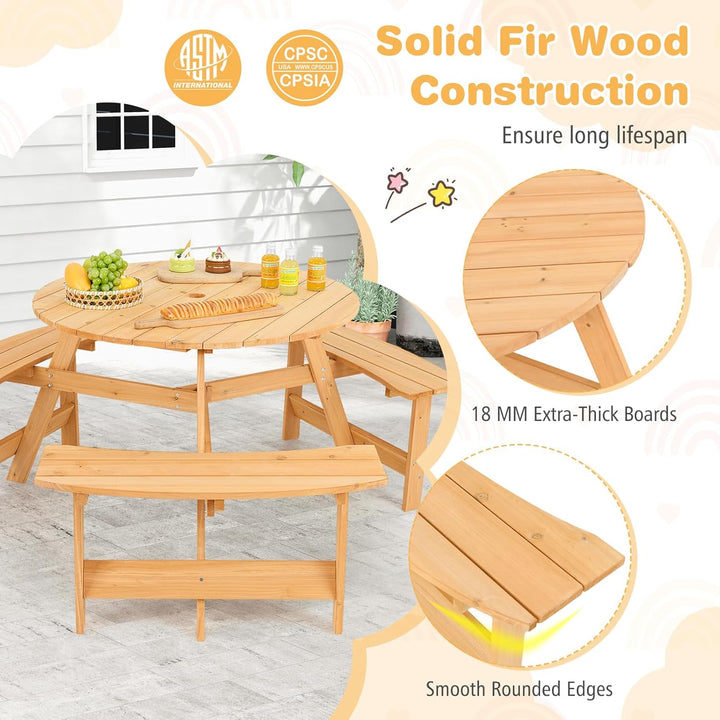6 Person Kids Picnic Table, Fir Wood round Picnic Table with 3 Built-In Benches, Umbrella Hole, Kids Table and Chair Set for Outdoors, Backyard, Garden, Porch, Patio