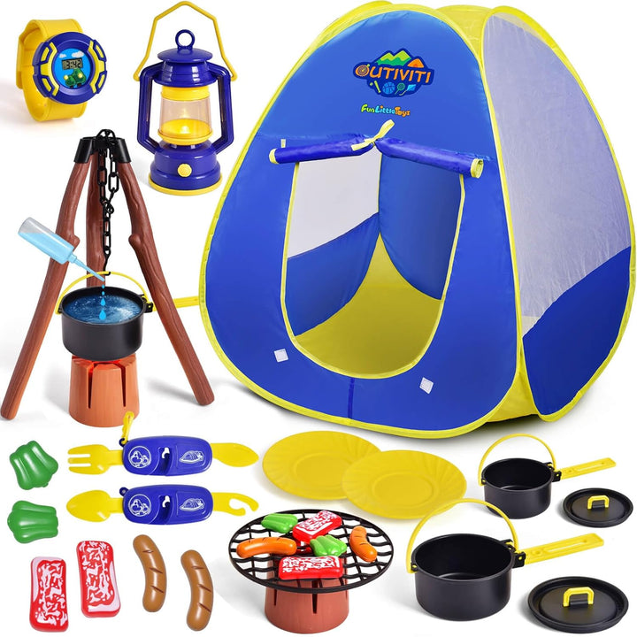 Pop up Play Tent with Camping Gear and Tools Set, Outdoor Toys for Kids