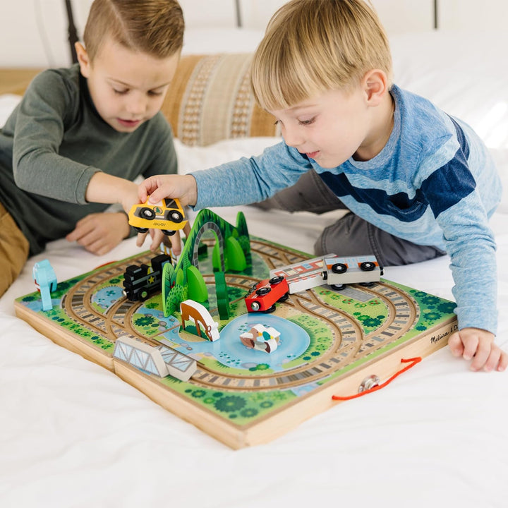 17-Piece Wooden Take-Along Tabletop Railroad, 3 Trains, Truck, Play Pieces, Bridge - FSC Certified