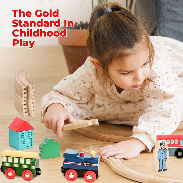 Wooden Train Set 35 Piece All in One Wooden Toy Train Tracks Set with Magnetic Trains and Railway Accessories, Comes in a Clear Container, Compatible with All Major Brands