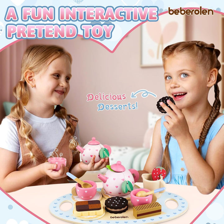 Wooden Tea Set for Little Girls Birthday Gift 2-4 Year Old Princess Toys Play Food Sets for Kids Kitchen Accessories Toddlers 3-5 Outdoor Party 1-3 Pretend Food Dessert Cookies Wood Toy