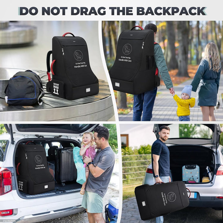 Padded Car Seat Travel Bag for Airplane Heavy Duty Car Seat Backpack for Air Travel Baby Carseat Cover Bags for Airport Large Car Seats Carrier Fits Car Seats & Booster Seats, Black