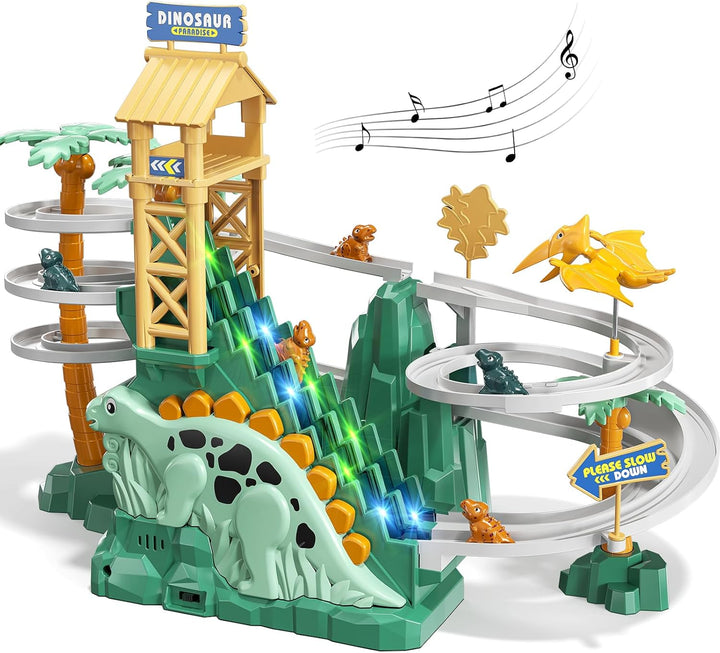 Dinosaur Climbing Slide Stair Toy for Toddlers Aged 3 4 5 6 7 8 - Racing Track Game Set, Sliding Car Toy, Dinosaur Themed with Light and Music, Birthday Dinosaur Gifts for Boys Girls Kids