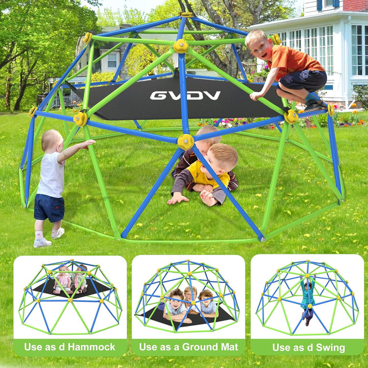 10FT Climbing Dome with Hammock, Outdoor Jungle Gym for Kids, Geometric Dome Climber Supporting 880 Lbs Anti-Rust Metal Outdoor Play Structure ASTM Approved Blue & Green