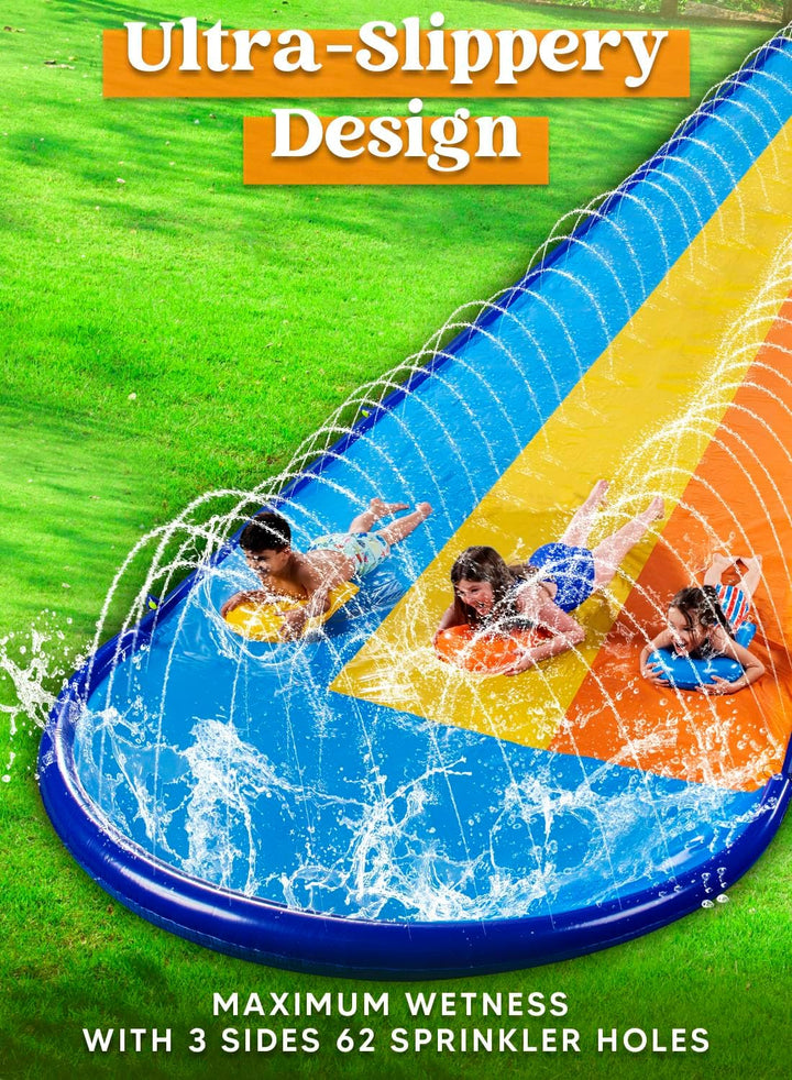 Triple Water Slide with 3 Bodyboards, 22.5FT Lawn Water Splash Slip and Slide Summer Toy Splash Pad with Build in Advanced Sprinkler for Kids Adults Backyard Summer Water Fun