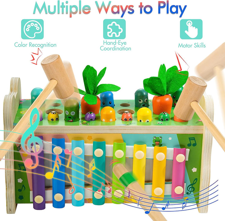 6-IN-1 Wooden Montessori Toys for 1 Year Old, Mole-Tapping Game | Play the Xylophone | Frog Clock | Carrot Harvest Game | Spinning Gear, Toddler Toys Aged 1-4, Baby Toy Gift for Early Learning