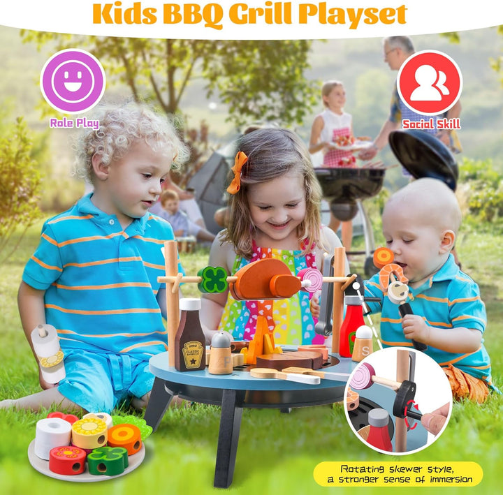 Wooden Play Barbecue Toy Gril,45Pcs Kids Grill Playset with Rotating Skewering Mode,Pretend Cooking Kitchen Playset Grill Toy Birthday Gift for Boys&Girls 3+