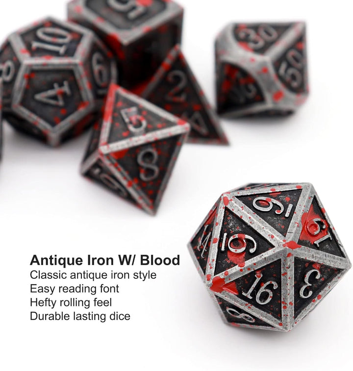 Bloodstained Metal DND Dice Set Blood Polyhedral D&D Dice Compatible with Dungeons and Dragons Gift TTRPG Antique Metal Halloween Dice
