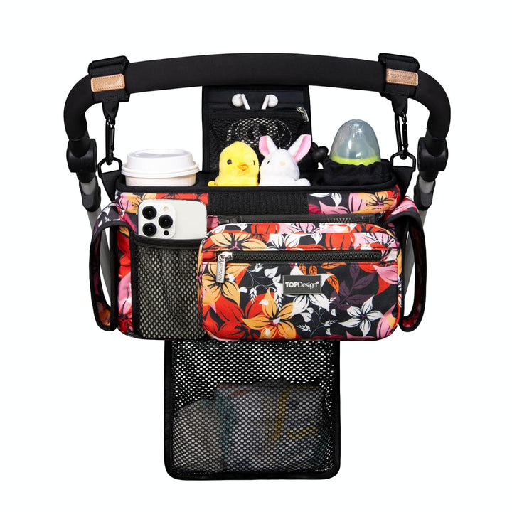 Universal Baby Stroller Organizer, Stroller Caddy with Detachable Mesh Bag & Heightened Insulated Cup Holders & Non-Slip Secure Hooks Accessories, Fits Most Strollers (Checkerboard)